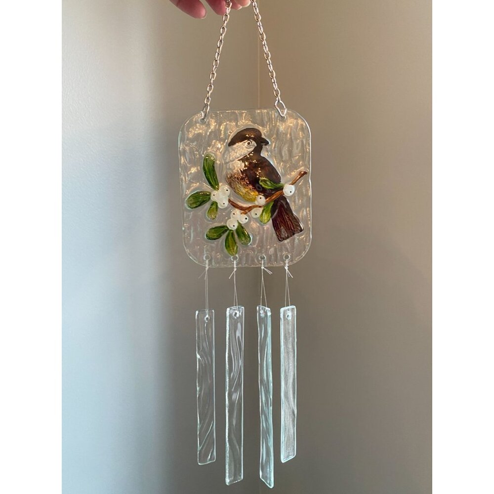 Stained Glass Chickadee Bird Wind Chime With Chain Hanging Decor